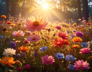 A vibrant meadow blossoms, bathed in sunlight, creating a warm, inviting scene