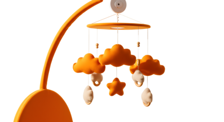 BABY TOYS - Orange baby mobile with clouds, stars, and hanging plush toys on wooden frame, perfect for nursery decor
