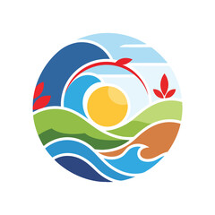 Colorful circular nature emblem depicting a stylized landscape with a sun rolling hills and ocean waves.