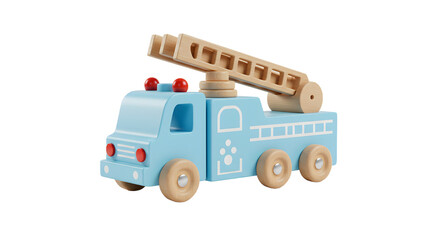BABY TOYS - Wooden toy fire truck with ladder on white background, children's plaything perfect for educational and imaginative play