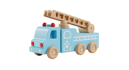 BABY TOYS - Wooden toy fire truck with ladder on white background, children's plaything perfect for educational and imaginative play