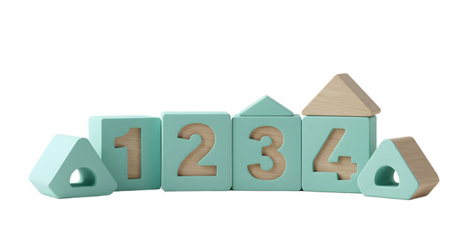 BABY TOYS - Wooden toy blocks with numbers 1 to 4 in pastel colors, educational nursery game for toddlers and kids learning numbers