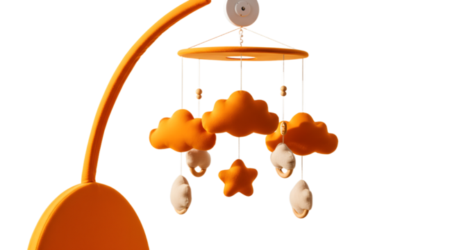 BABY TOYS - Orange baby mobile with clouds, stars, and hanging plush toys on wooden frame, perfect for nursery decor