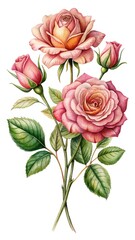 Naklejka premium Watercolor Painting of a Beautiful Rose Bouquet with Delicate Petals and Green Leaves
