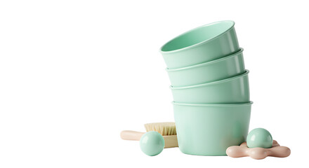 BABY TOYS - Stack of four pastel green ceramic bowls with wooden brush and soap bars isolated on white background, perfect for home decor and kitchen styling