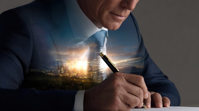 economic growth infrastructure policy. Businessman writing with a cityscape reflection in his suit, symbolizing professionalism and ambition.