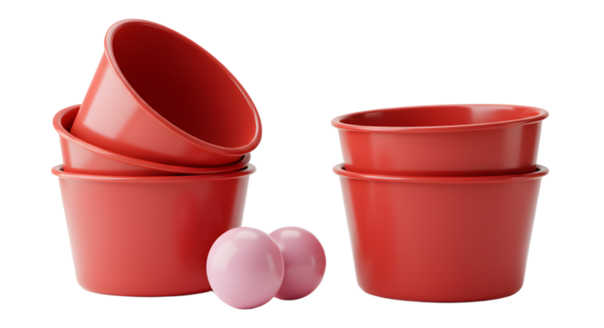 BABY TOYS - Red plastic beer pong cups with two pink ping pong balls, isolated on white background, perfect for party games and celebrations
