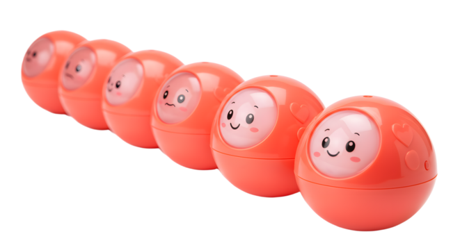 BABY TOYS - Row of six orange smiling face toy balls on white background, perfect for children?s playtime or decoration