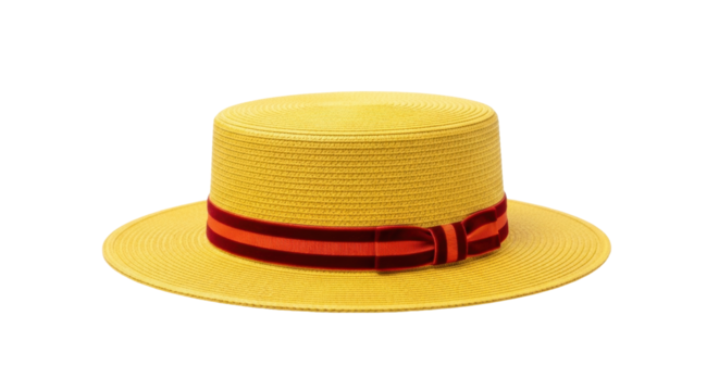 Isolated summer boater hat made of straw material with a velvet burgundy ribbon accent band.