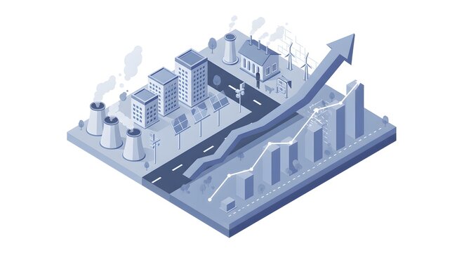 Isometric illustration of urban landscape with increasing financial growth graph - Powered by Adobe