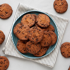 Homemade Chocolate Chip Cookies on a Plate, top view.