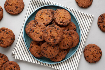 Homemade Chocolate Chip Cookies on a Plate, top view.