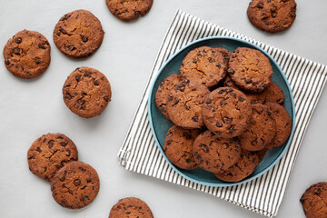 Homemade Chocolate Chip Cookies on a Plate, top view.