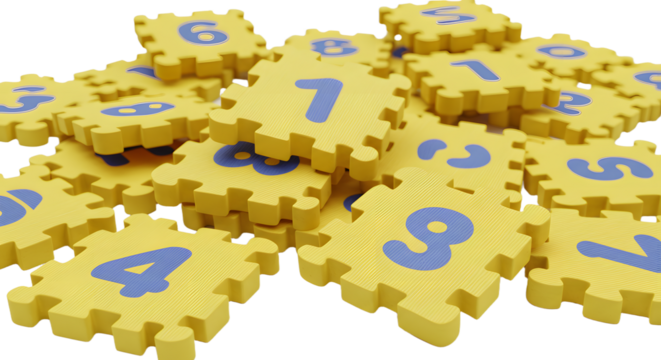 BABY TOYS - Yellow foam puzzle pieces with blue numbers scattered on white background, educational toy for children and early learning