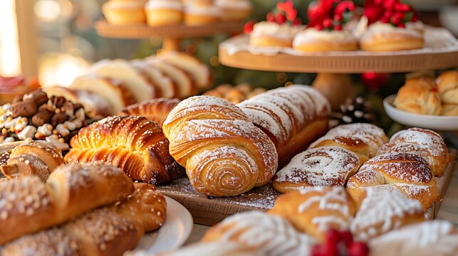 Display of assorted pastries and baked goods with powdered sugar dusting