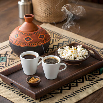 Traditional Ethiopian coffee in jebena pot with cups, incense, and popcorn on woven mat background