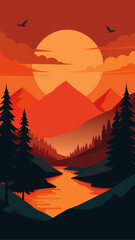 Illustration of sunset over mountains and river view