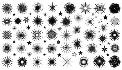Black explosion burst star shapes on white background