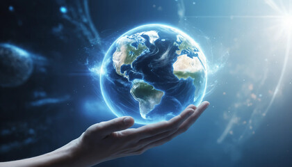 Main humaine effleurant un hologramme terrestre, symbole de connexion entre technologie et planète