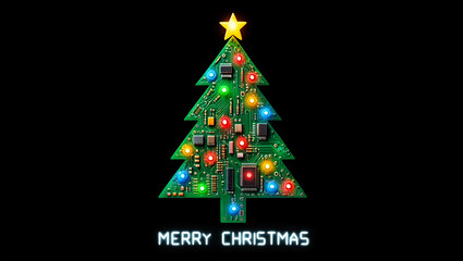 Circuit board christmas tree with glowing lights and star electronic