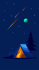 Camping tent under the night sky with shooting stars