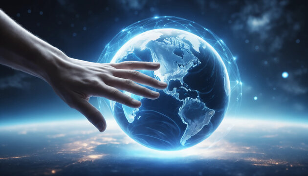 Main humaine effleurant un hologramme terrestre, symbole de connexion entre technologie et plan&egrave;te