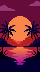Naklejka premium Sunset over the ocean with palm trees silhouette