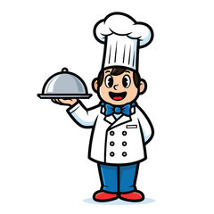 Smiling cartoon chef boy mascot holding a silver serving cloche.