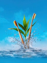 Eco-friendly bamboo toothbrush splash blue sky green plant