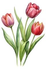 Fototapeta premium Watercolor Painting of Three Beautiful Tulips with Green Leaves on White Background