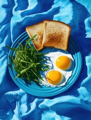 Sunny breakfast with toast, eggs, greens on vibrant blue fabric