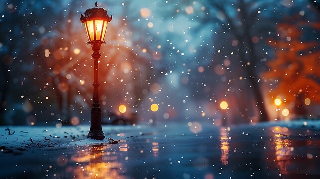 Illuminated lamp post stands amidst a gentle snowfall in a winter scene
