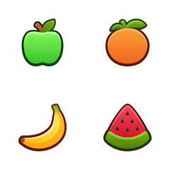 Fruits icon set. Isolated vector illustration of mobile game sprites. Design for stickers, logo, mobile app. Arcade or match 3 2d graphics game asset. Flat 3d item sprites sheet.