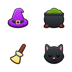 Witch icon set. Isolated vector illustration of mobile game sprites. Design for stickers, logo, mobile app. Arcade or match 3 2d graphics game asset. Flat 3d item sprites sheet.
