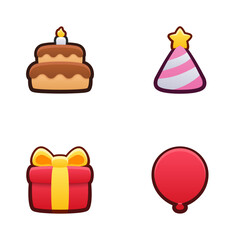 Birthday icon set. Isolated vector illustration of mobile game sprites. Design for stickers, logo, mobile app. Arcade or match 3 2d graphics game asset. Flat 3d item sprites sheet.