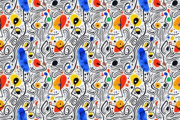 Naklejka premium Abstract seamless composition with black stripes and vibrant colorful spots. Modern design for textiles, apparel, festive packaging, and web backgrounds