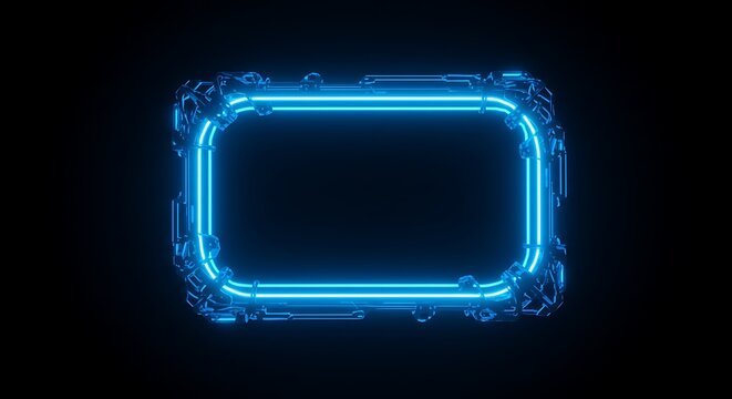 Neon light frame with blue illumination on black background