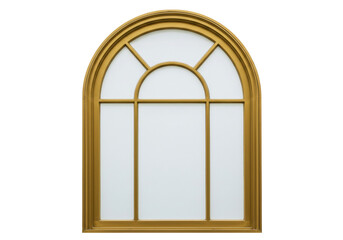 Isolated gold arched window, traditional architectural home detail, frame design for exterior wall