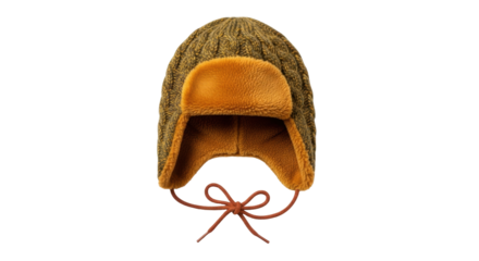 Isolated brown knit trapper hat with ear flaps and tie closure for cold weather attire