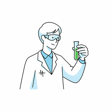 Un uomo con camice da laboratorio e occhiali protettivi tiene in mano una provetta con liquido verde.