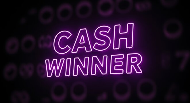 Neon sign with cash winner text on dark background advertising
