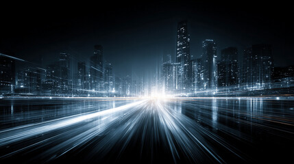 A futuristic cityscape illuminated by glowing blue light trails, symbolizing advanced technology, innovation, connectivity, and the pulse of the digital world.
