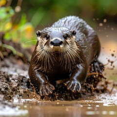 A wet, brown mammal bursts from muddy water, its eyes forward