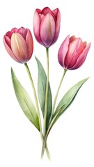 Obraz premium Watercolor illustration of three vibrant tulips with lush green leaves on white
