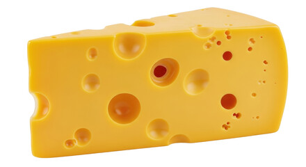 Isolated swiss cheese chunk, cut wedge with holes, dairy product close-up, food photography
