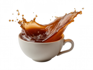 Dynamic brown tea splash from cup, this hot liquid beverage creates an energetic motion with droplets. Isolated realistic drink action for refreshing feel