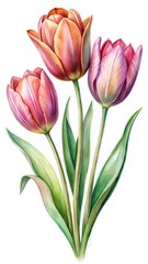Fototapeta premium Watercolor Painting of Three Elegant Tulips with Green Leaves on White Background