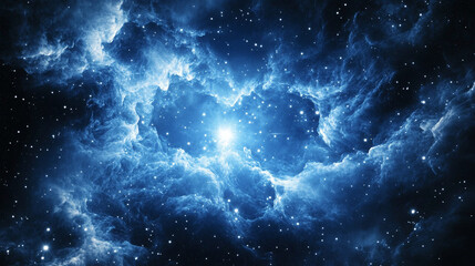 Obraz premium Cinematic cosmic background featuring blue glowing stars, stardust, and nebula dust symbolizing universe, exploration, space travel, and celestial beauty