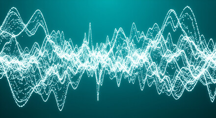 Digital audio waveform visualization with glowing light particles on a teal background