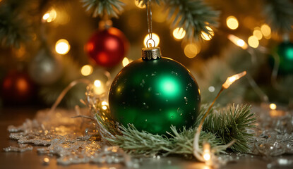 Close-up of a green Christmas ball. Ornament. Luxury. LED lights.